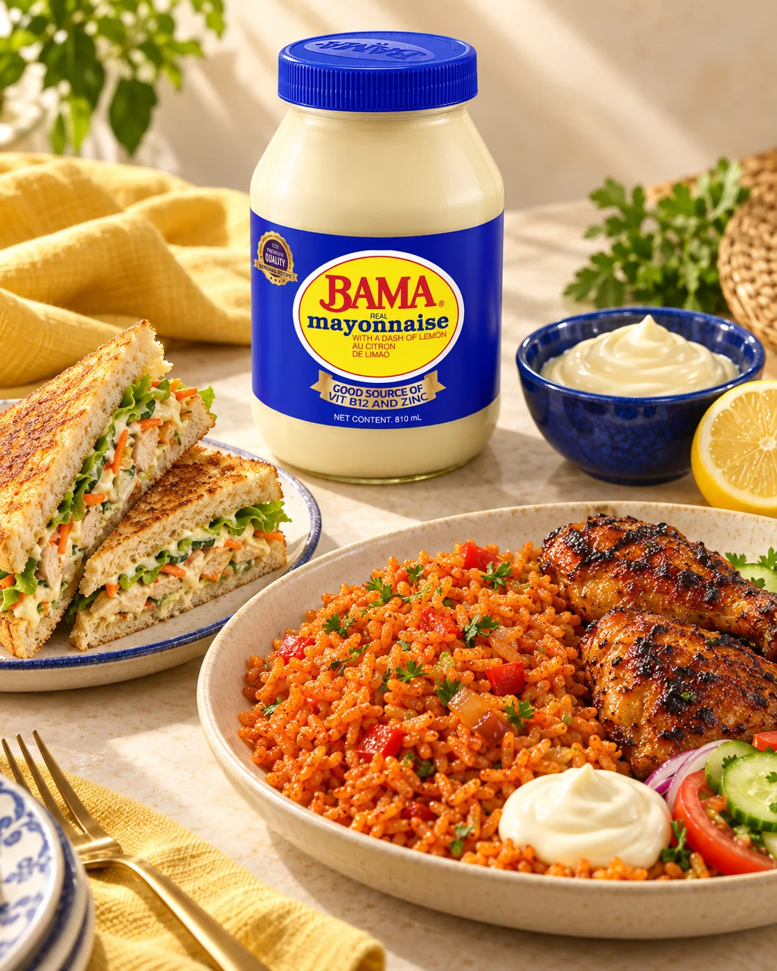 Bama Real Mayonnaise with jollof rice, grilled chicken and toasted sandwiches on a sunlit table
