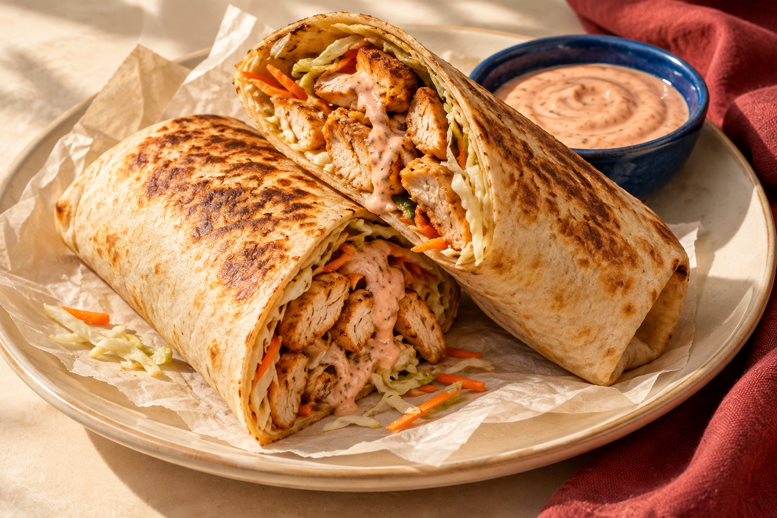 Shawarma served with a creamy dipping sauce