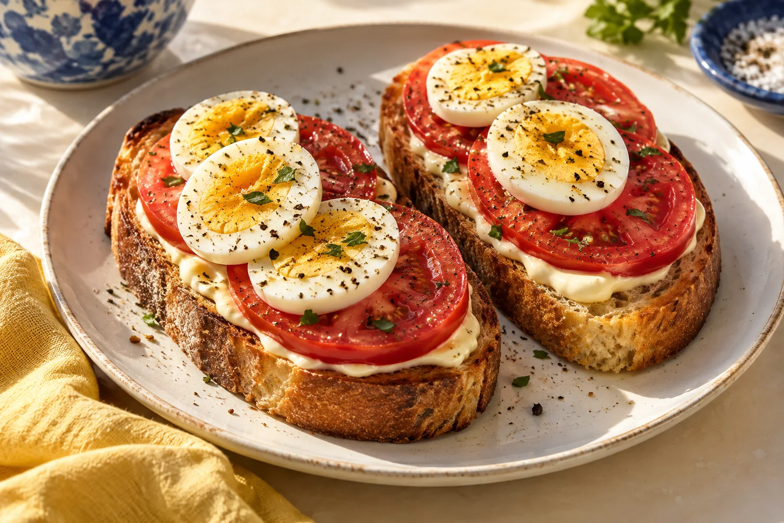 Toast topped with creamy mayonnaise, tomato and egg